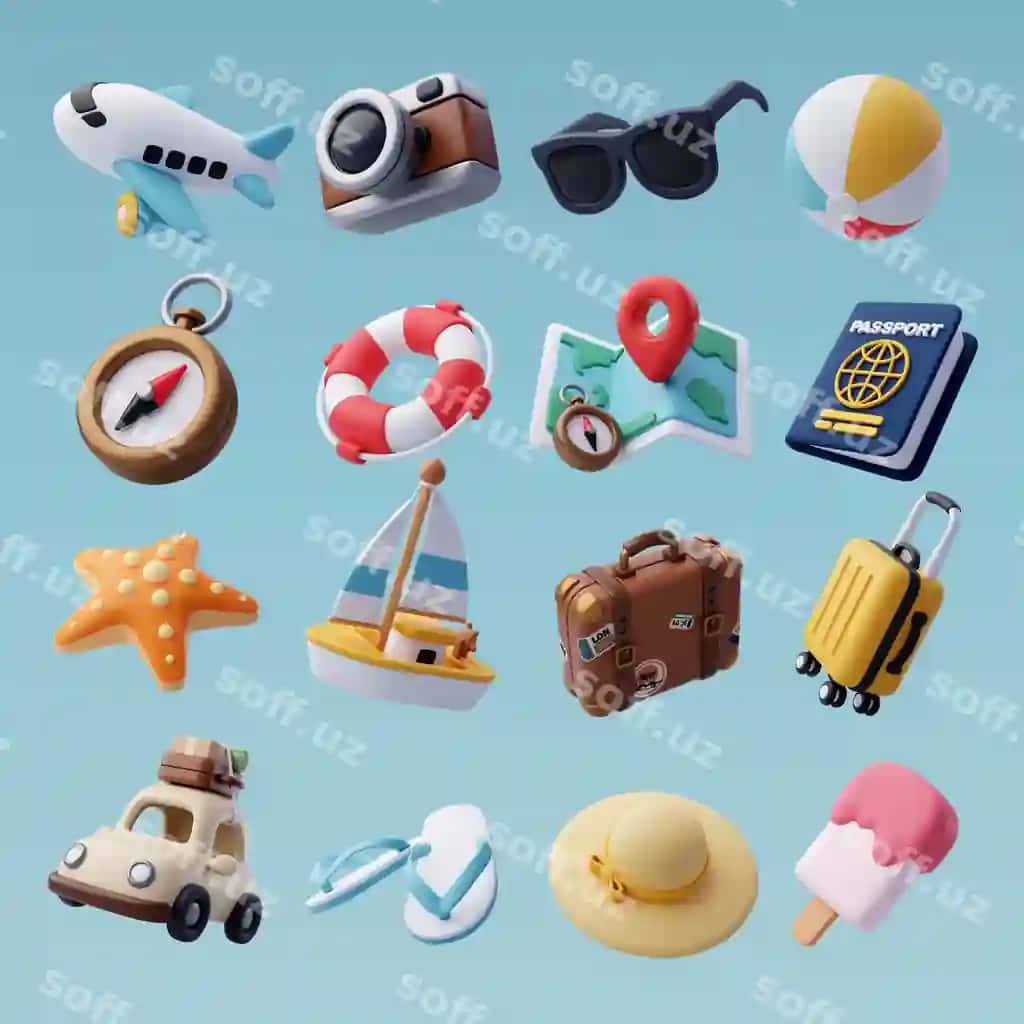 Sayohat dam olish asosiy narsalari 3D komiks uslubi | Travel vacation essentials 3d cartoon style 2