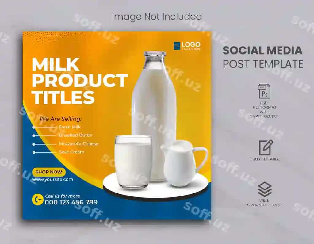 Mahsulot Ijtimoiy tarmoqlar post banner shabloni Sut sotuv reklamasi Kvadrat | Product social media post banner template milk sale promotion square