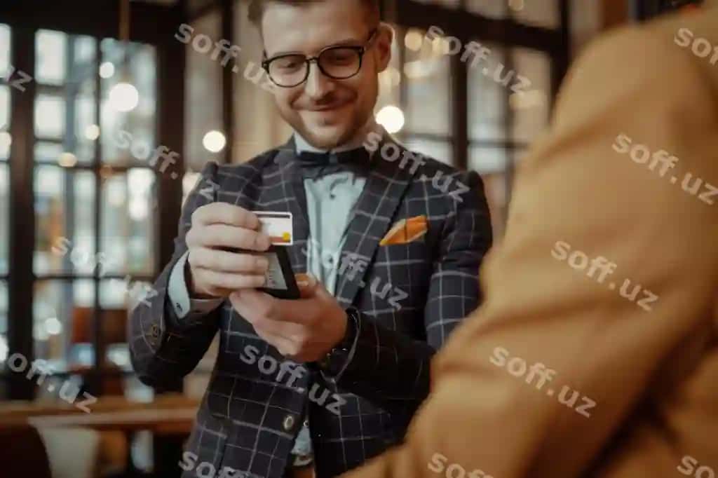 Kredit karta pos terminali kafeteryasidan foydalangan holda oqlangan erkak kostyumini mening kartamga qo'ying | Put it my card elegant male dressed suit using credit card pos terminal cafeteria