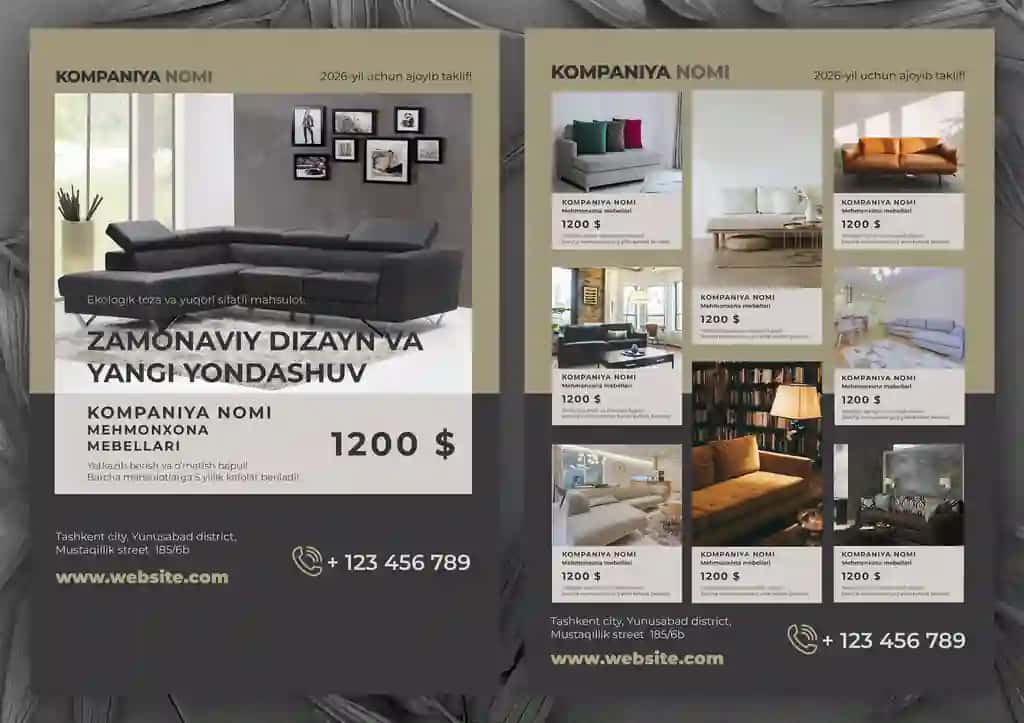 Mebel va interyer brendlari uchun premium flayer dizayni shabloni (2 tomonli)