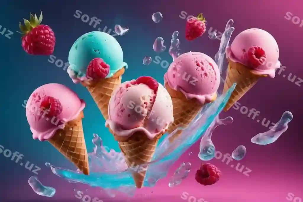 Rangli muzlaton konlari malinalar bilan dinamik chiziq | Colorful ice cream cones with raspberries dynamic splash