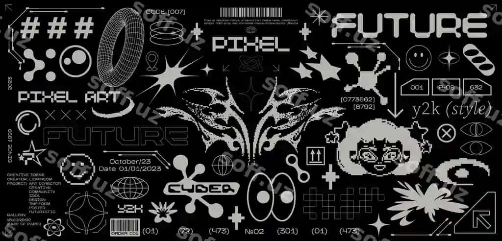 Qora orqa fonda kollaj shaklida turli xil logotiplar, o'z ichiga 'hippie' so'zi ham | Black background with collage different logos including word hippie