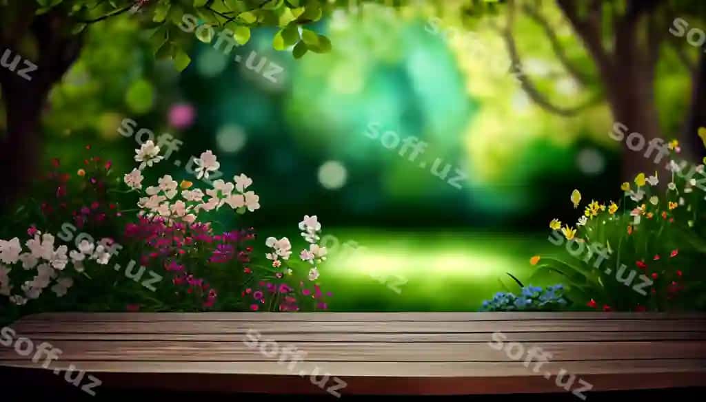 Yog'ochli doska bog' orqa fonda generative AI | Wooden board garden background generative ai
