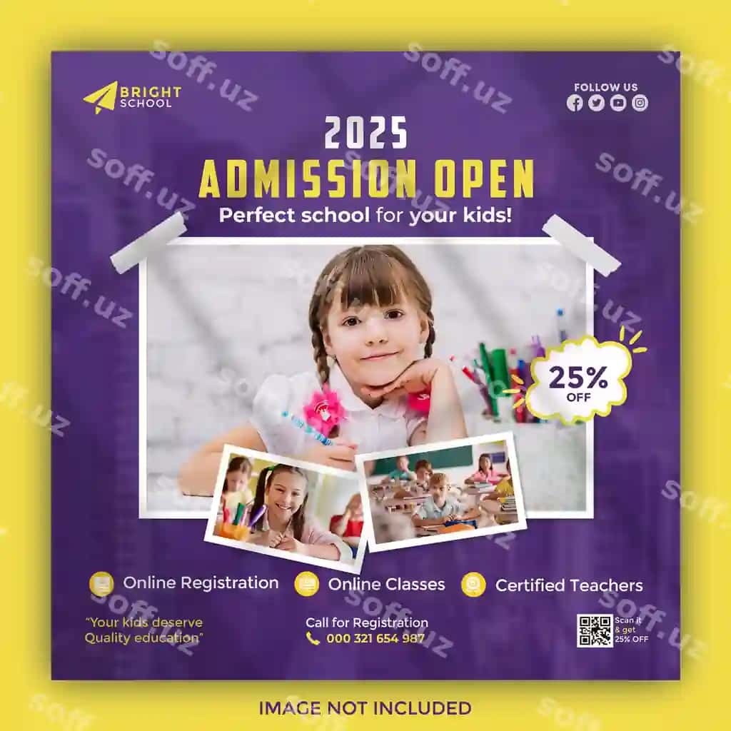 Bolalar maktabga kirish ijtimoiy tarmoqlar post shabloni | Kids school education admission social media post template