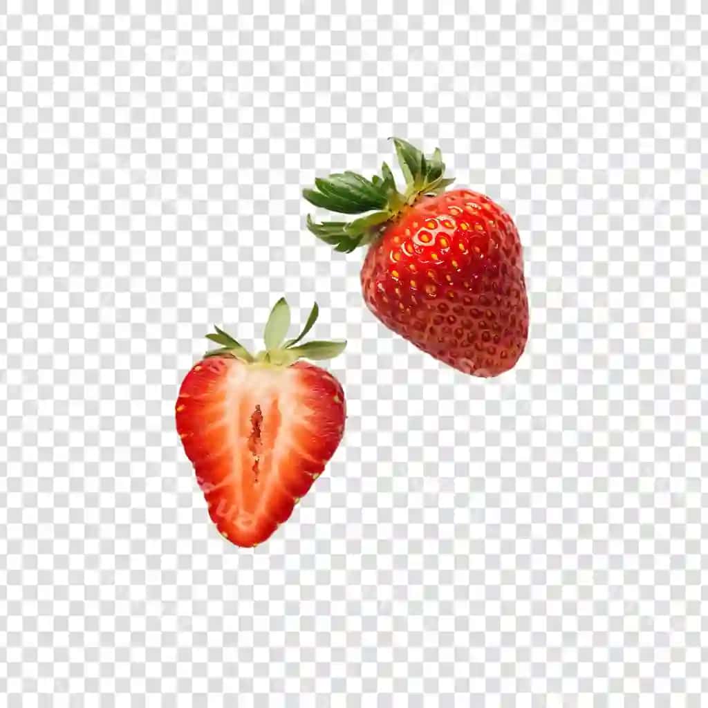 Yangi qurdiu yaproqlar bilan ajraltirilgan shaffof fonda | Fresh strawberries with leaves isolated transparent background