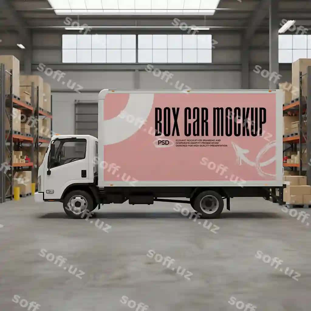 Boks yuk avtomobili namuna sanoat ombori sohibi | Box truck mockup industrial warehouse setting 2