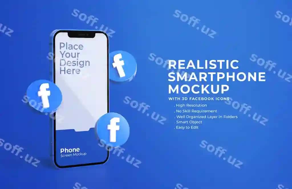 3D Facebook ikonkalar mobil ekran namunasi bilan | 3d facebook icons with mobile screen mockup