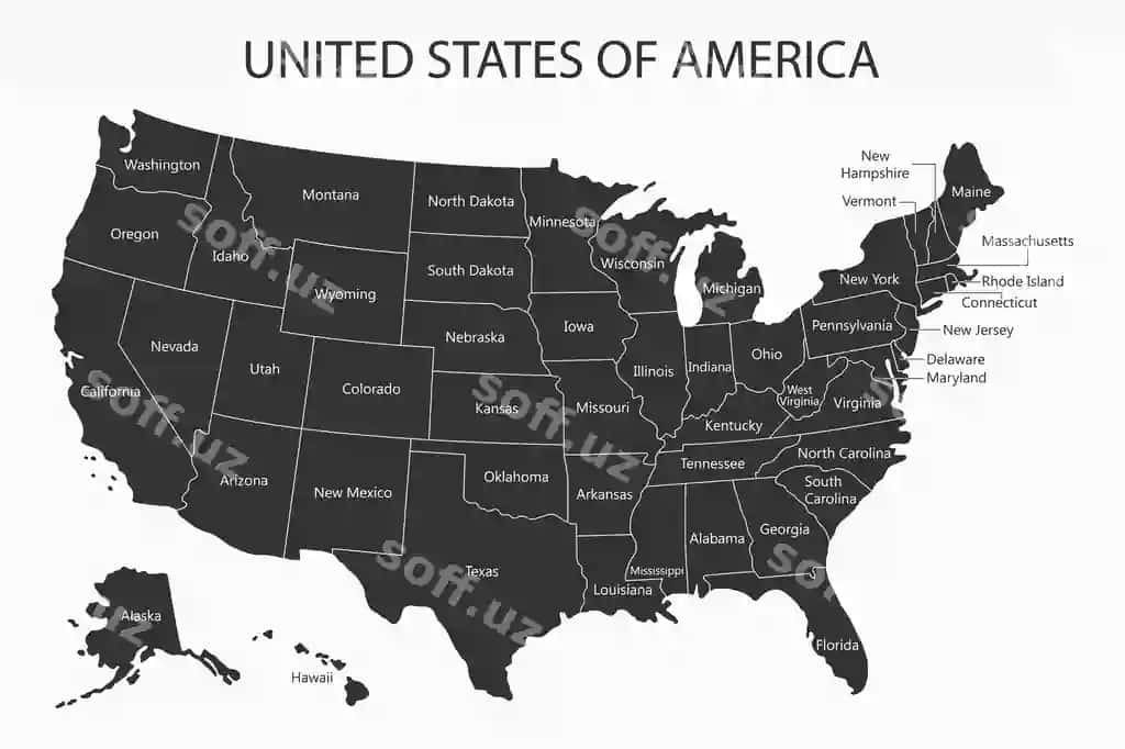 AQSH xaritasi viloyatlar nomlari bilan Amerika Qo'shma Shtatlari kartografiya vektori | Usa map with states names united states america cartography vector 2