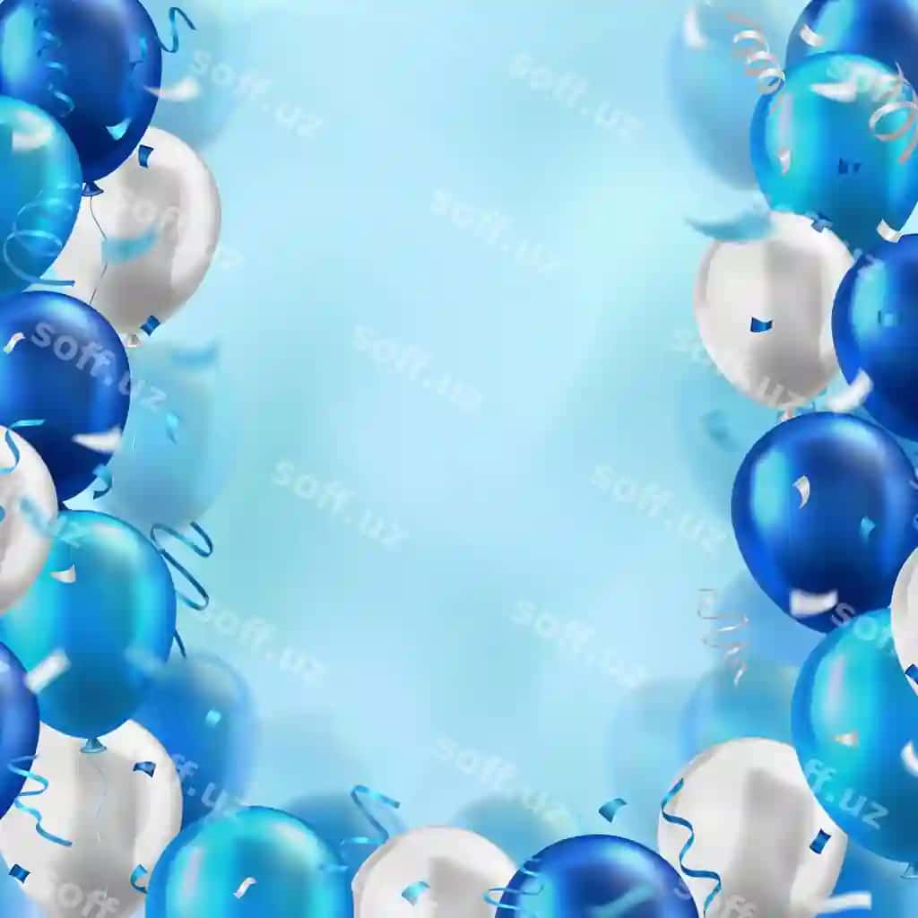 Shablon 3D shinovar sharqillar konfetti lentalari bilan bulanik ko'k orqa fon | Template 3d glossy balloons with confetti ribbons blurred blue background