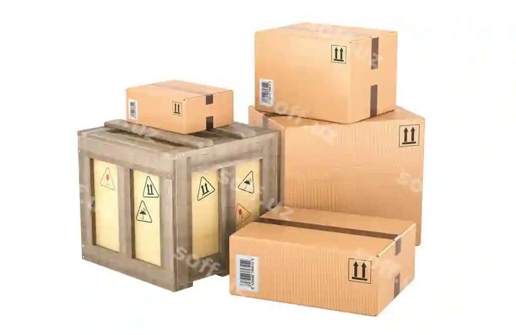 Paketlar karton qutilar yong'oq jo'na kltirgich 3D render ajraltirilgan | Parcels cardboard boxes wooden shipping crate 3d rendering isolated