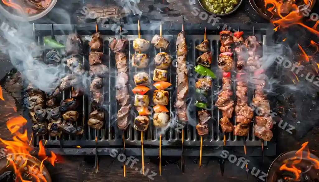 Griyl tushdagi meat vegetables erkakki soqqa qizil rangli futbolka kiygan erkak | Grill with meat vegetables it man with red shirt it 2