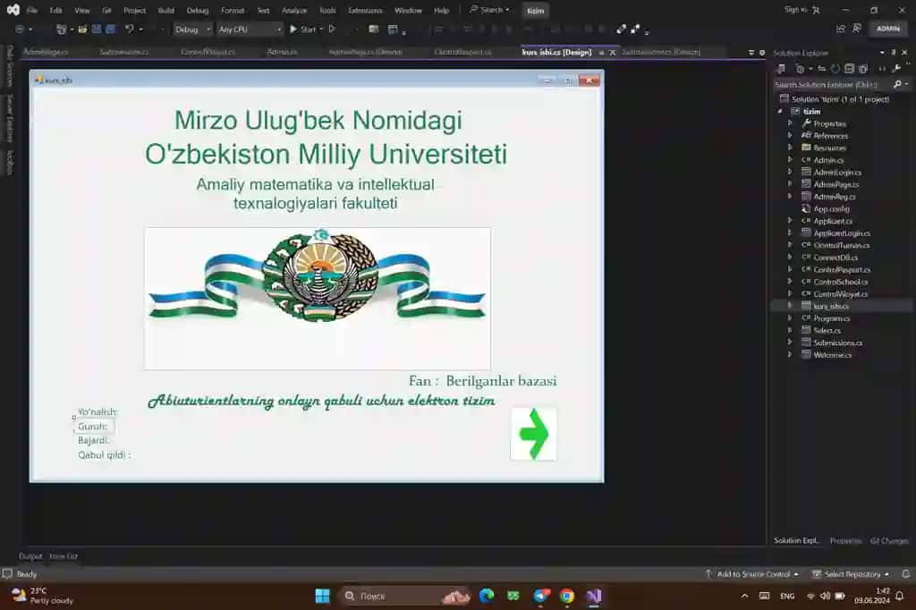 C# (winform) dasturlash tilida Abituriyentlarni ro'yxatga olishga taqlid qilingan tizim.