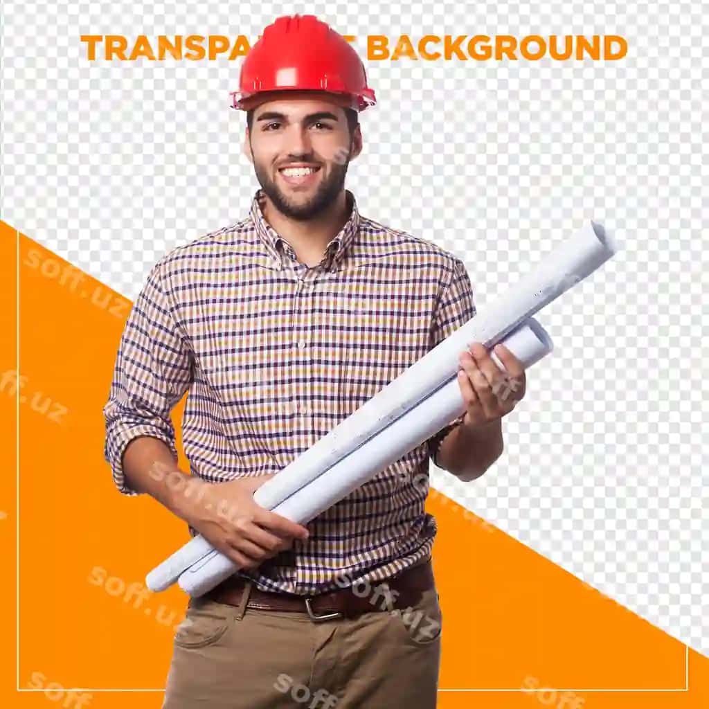 Muhandis erkak shaffof fon bilan proektlarni tutgan | Engineer man holding blueprints with transparent background