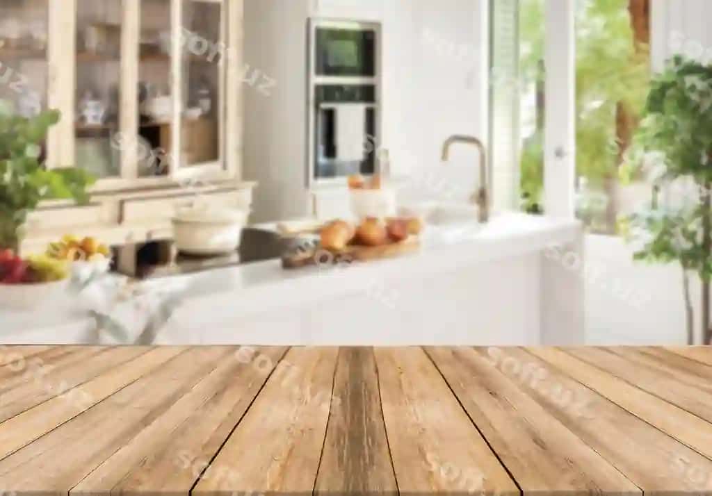 Yong'oq doska, bo'sh stol, oshxona foni | Wooden board empty table kitchen background
