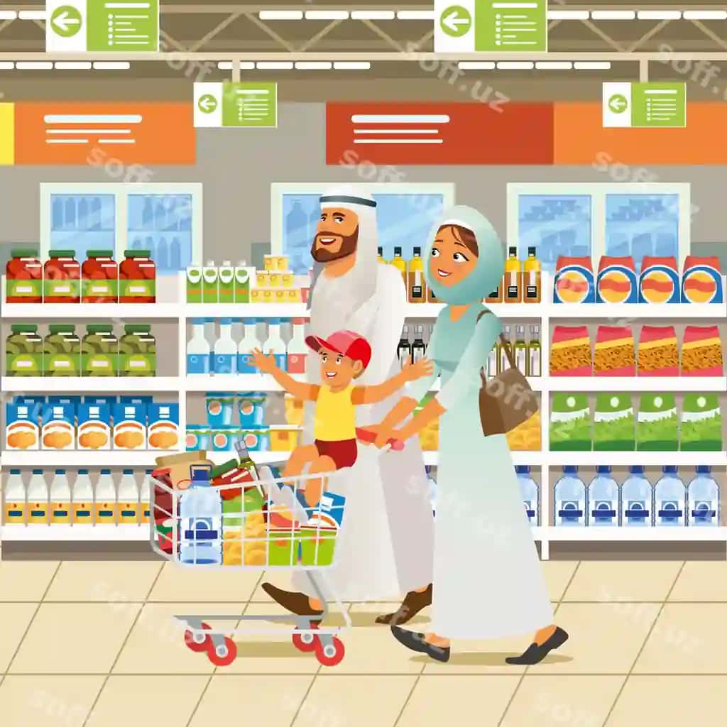 Musulmon oilasi xarid qilish karyakatur vektor kontseptsiyasi | Muslim family shopping cartoon vector concept 2