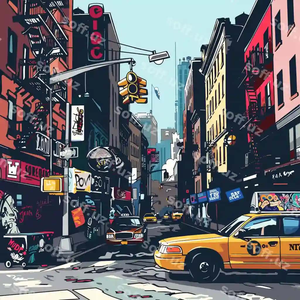 Yangi York Shahri ko'cha ko'rinishi mashinalar va svetofors bilan vektor illustratsiyasi | New york city street view with cars traffic lights vector illustration