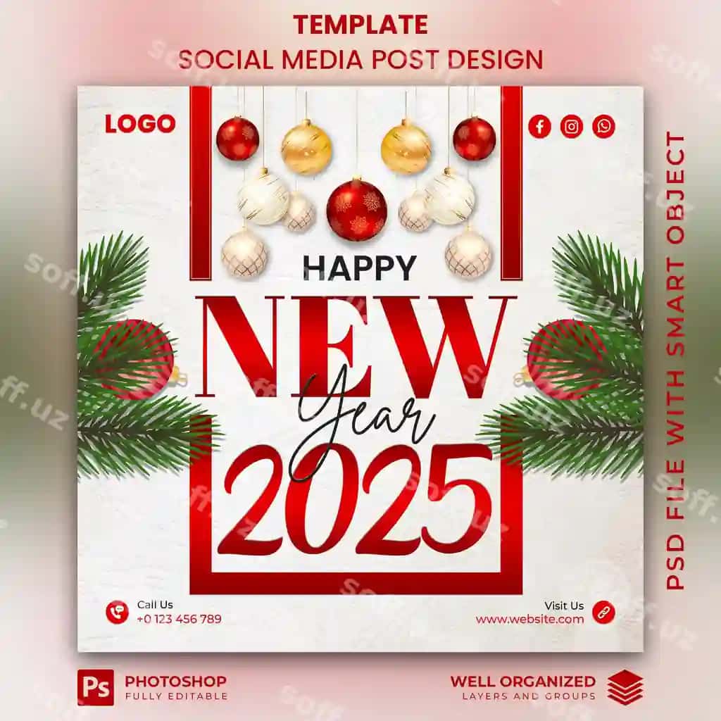 Zamonaviy 2025-yil Yangi yil tabriki shabloni minimalizm elementlari bilan | Modern happy new year 2025 template with minimalist elements 2