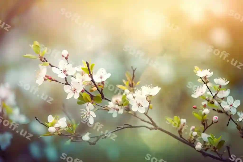 Dara gilos gullari quyosh puxtasi orqa fonda | Branch cherry blossoms with sunburst background