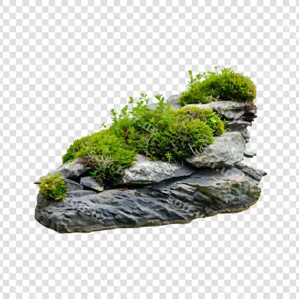 Kulrang tosh yashil qurpag'ali o'simliklar bilan ajraltirilgan oq fonda | Grey rock with green moss plants isolated white background
