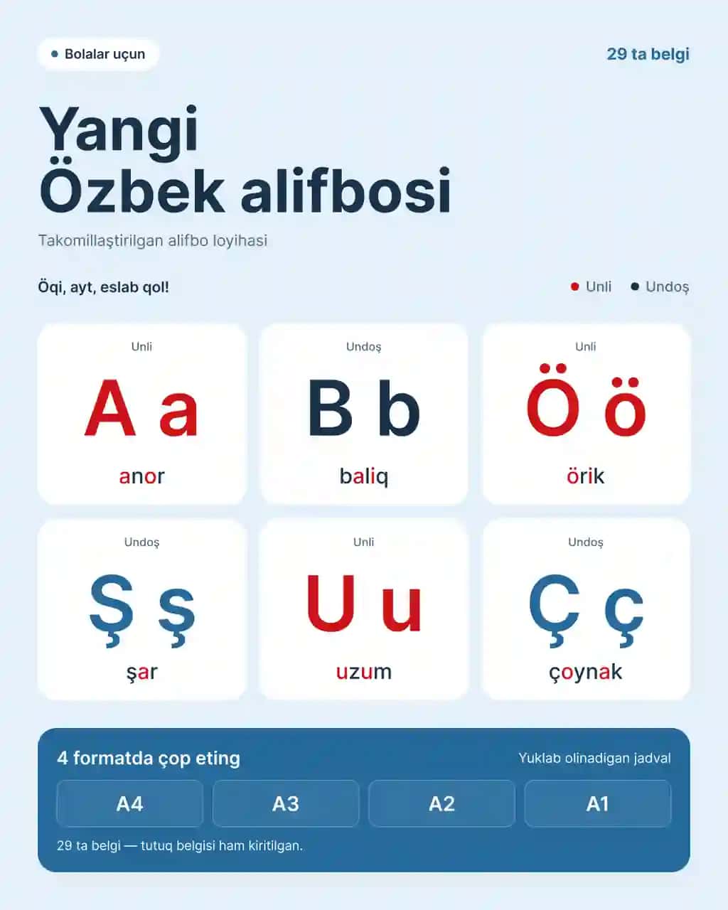 Yangi O'zbek Alifbosi Jadvali. Unli harflar ajratilgan, misol uchun so'zlar berilgan. A4, A3, A2, A1 formatda.