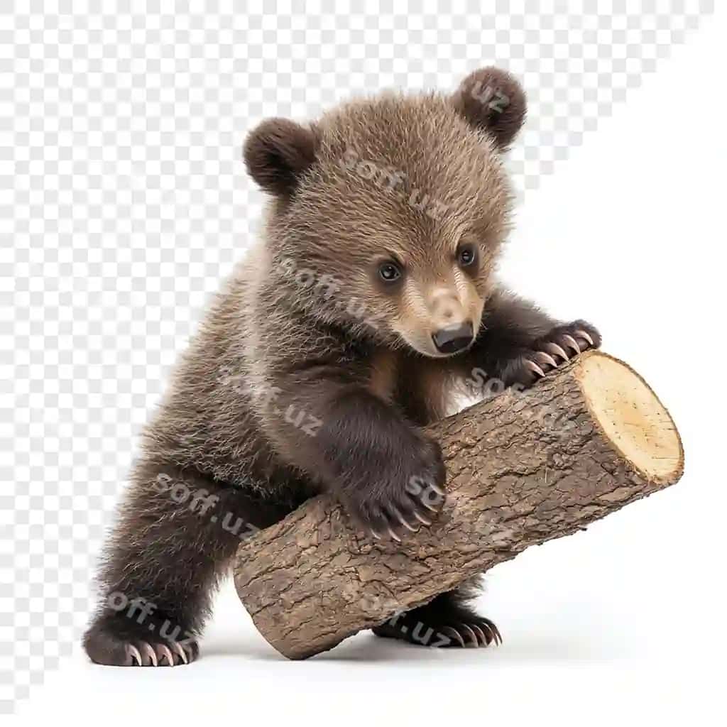 Jigarrang ayiq bolasi o'z o'yogi bilan yog'och tutadi. | Brown bear cub holding log with log its paws 2