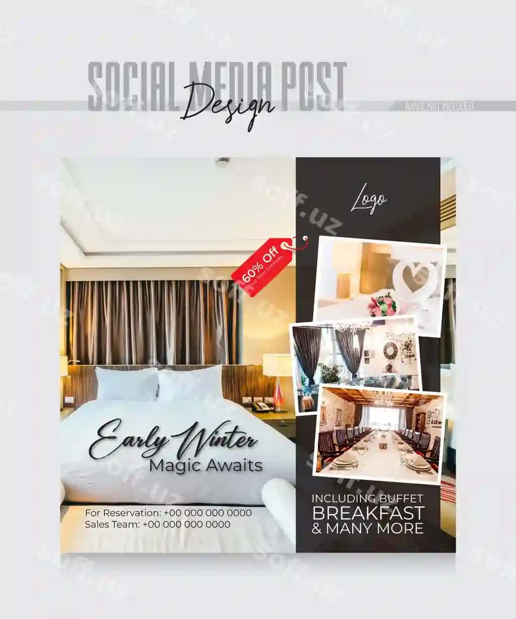 Mehmonxona kurort sayohat flyer post ijtimoiy tarmoqlar shablon | Hotel resort travel flyer post social media template