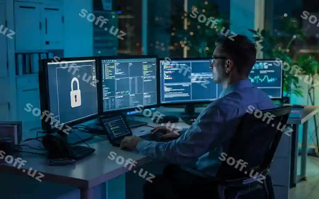 IT mutaxassis kiberxavfsizlik bo'yicha qorong'iq ofis muhitida ishlayotgan | It professional working cybersecurity dark office setting