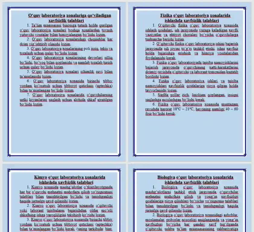 Texnika xavfsizligi qoidalari. BIOLOGIYA, KIMYO, FIZIKA laboratoriyalari uchun