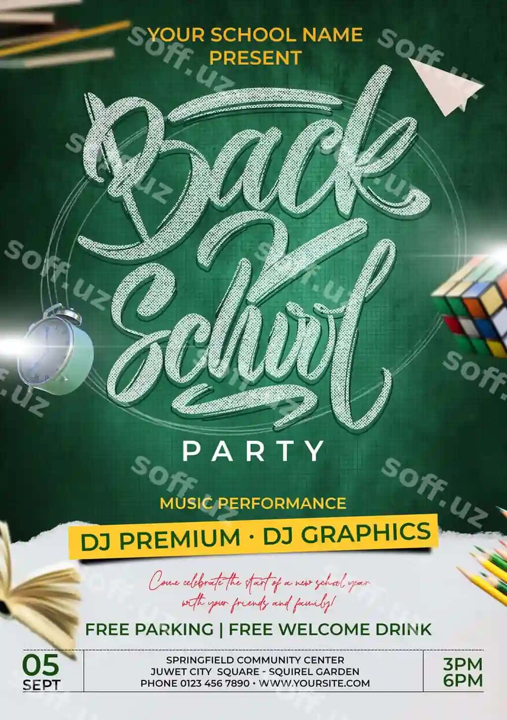 Yashil poyeztrda yashil fon va "Back 2 school" matni. | Green poster back party with green background that says back 2 school