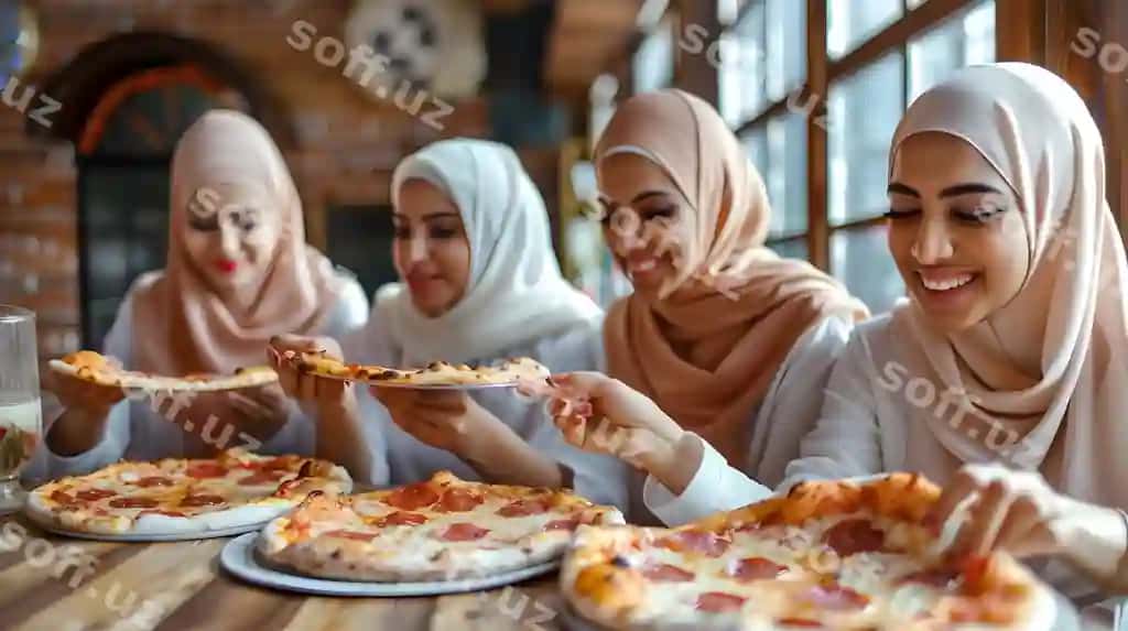 Musulmon ayollar birgalikda ovqatlanish chiroyli restoran sohibida | Muslim women enjoying meal together cozy restaurant setting