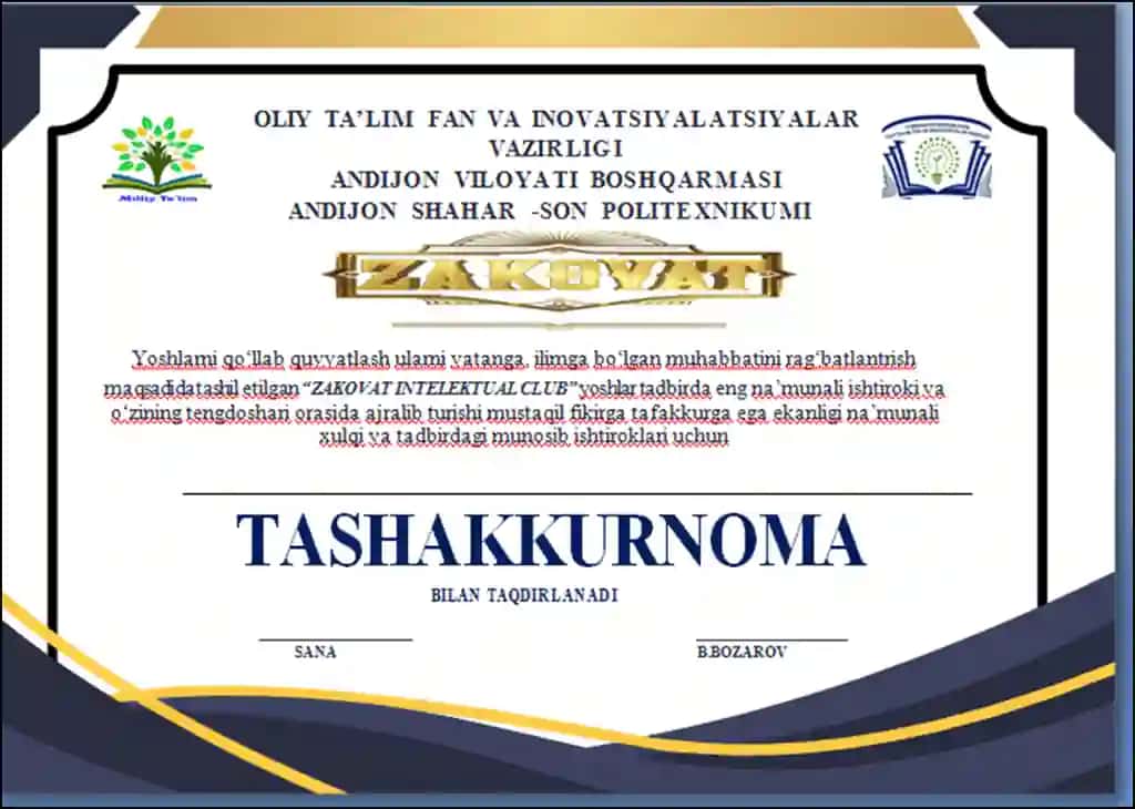 TASHAKKURNOMA NA'MUNA