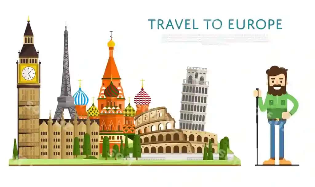 Yevropa sayohat banneri mashhur joylar bilan | Travel europ banner with famous attractions 2