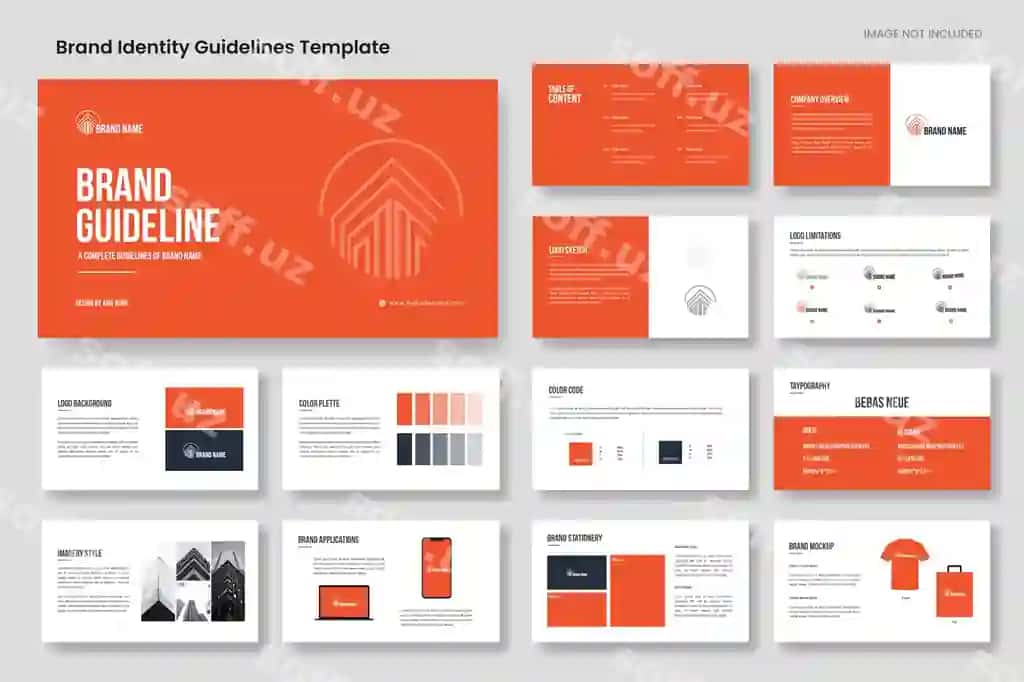 Marka yo'riqnoma shabloni zamonaviy brend identifikatsiyasi taqdimot joylashimi | Brand guidelines template modern brand identity presentation layout