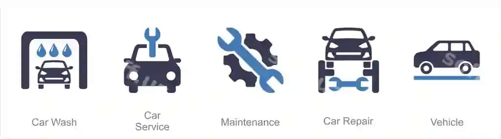 Avtomobil yuvish, avtomobil xizmati va texnik xizmat ko'rsatish uchun 5 ta mashina ikonkasini o'rnatish | Set 5 car icons as car wash car service maintenance