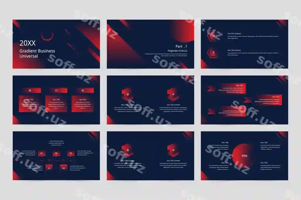 Gradient biznes universalligi taqdimot reklama slaid vektori | Gradient business universal presentation promotional slide vector