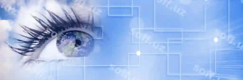 Ko'zga yaqin ko'k shar irisl akilliy texnologiya o'tish | Close up eye with globe iris blue smart tech transition