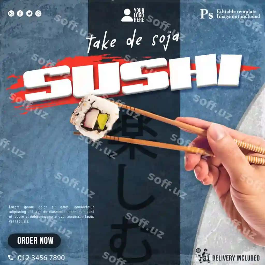 Chopstics sushi menyu ijtimoiy media shabloni restoranlar | Chopsticks sushi menu social media template restaurants 2