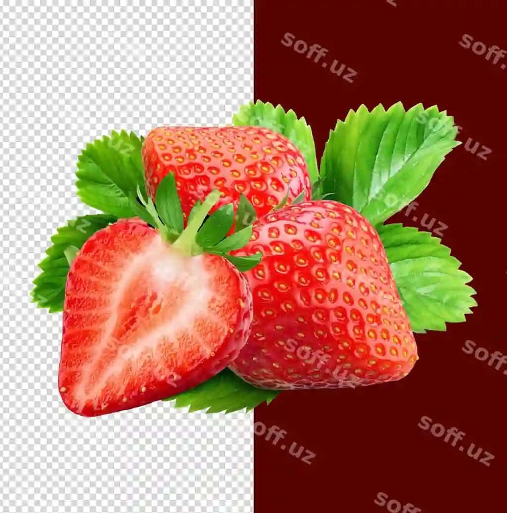 Bodom shaffof png yarm chet qismi yashil barg bilan | Strawberries transparent png with half slice green leaf