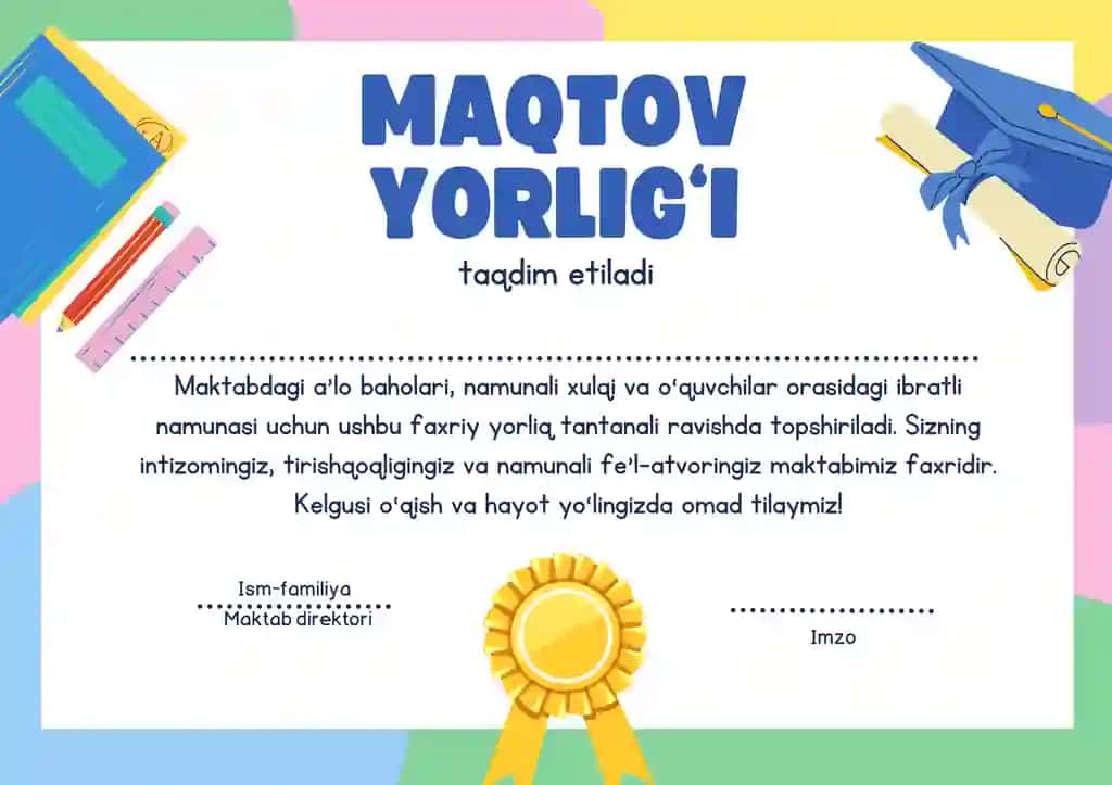 Maqtov yorlig'i | Boshlang'ich sinflar