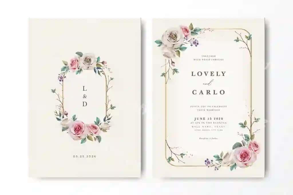 Elegent gulli tur uylanganlik taklifi gullar bilan oltin freym | Elegant floral wedding invitation with roses gold frame