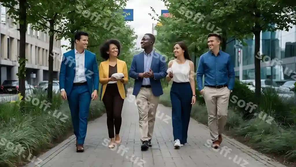 Turli xil hamkorlar shahar yurish yo'liga pastga borishmoqda | Diverse coworkers going down urban footpath