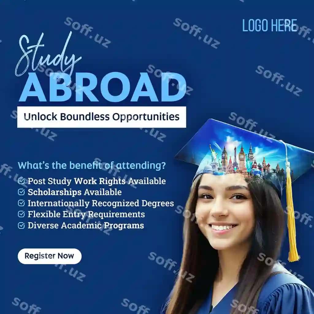 PSD chet ellarga o'quv ta'limi Instagram posti ijtimoiy tarmoqlar posti shabloni | Psd study abroad education instagram post social media post template 2