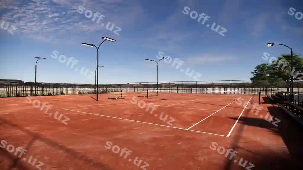 Chiqaradagi qizil gil tennis maydoni, stendlar, o'yinlar, uning ko'zlangan banketlari tayyor, hovli aholisi qutqiradi. | Outdoor red clay tennis court stands matches its spectator benches ready cheers crowd