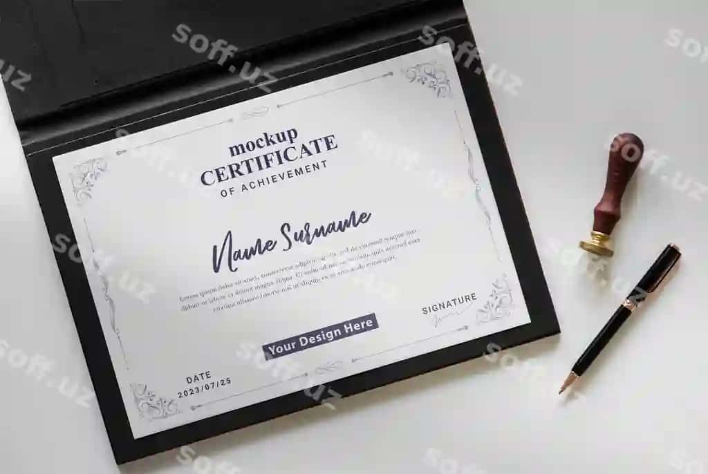 A4 horizontal sertifikat imzo ruchkasi mockup bilan | A4 horizontal certificate with signature pen mockup