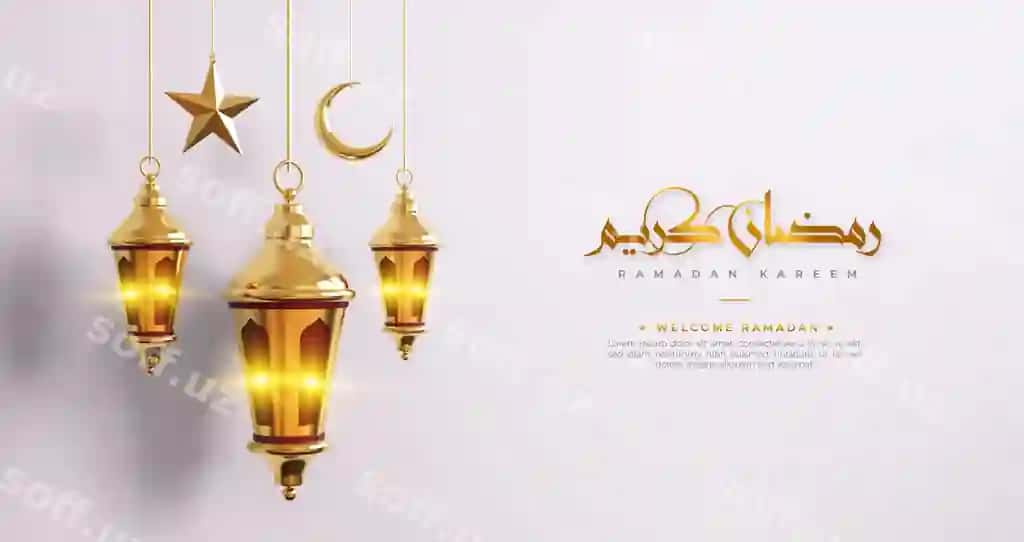 Ramazon kareem islamiy salom orqa fon 3d Ramazon dekoratsiyalari bilan | Ramadan kareem islamic greeting background with 3d ramadan decorations