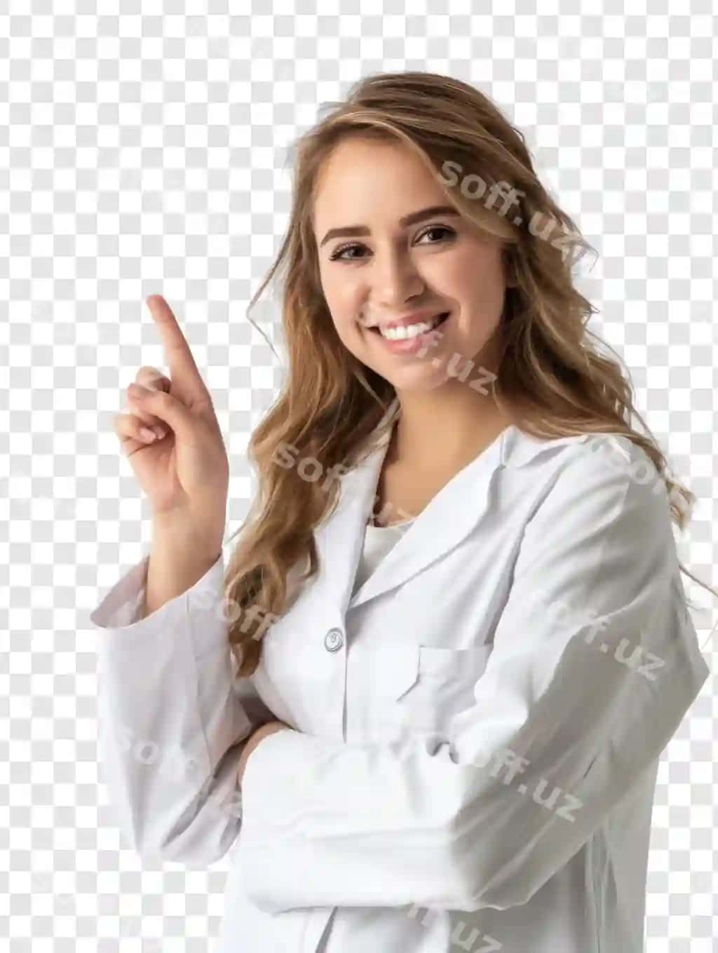 Qovonchiq go'zal ayol boshni yuqoriga ko'rsatgan shaffof orqa fonda | Cheerful beautiful woman pointing finger up transparency background