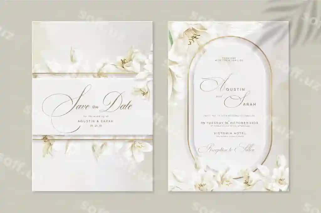 Geometrik tur taklifnomasi shabloni oq gul bilan | Geometric wedding invitation template with white flower