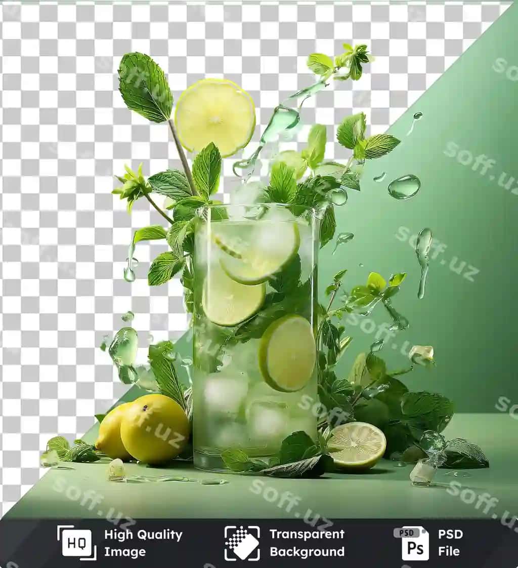 Shaffof psd rasm serquyoq nane mojito stakan suw | Transparent psd picture refreshing mint mojito glass water