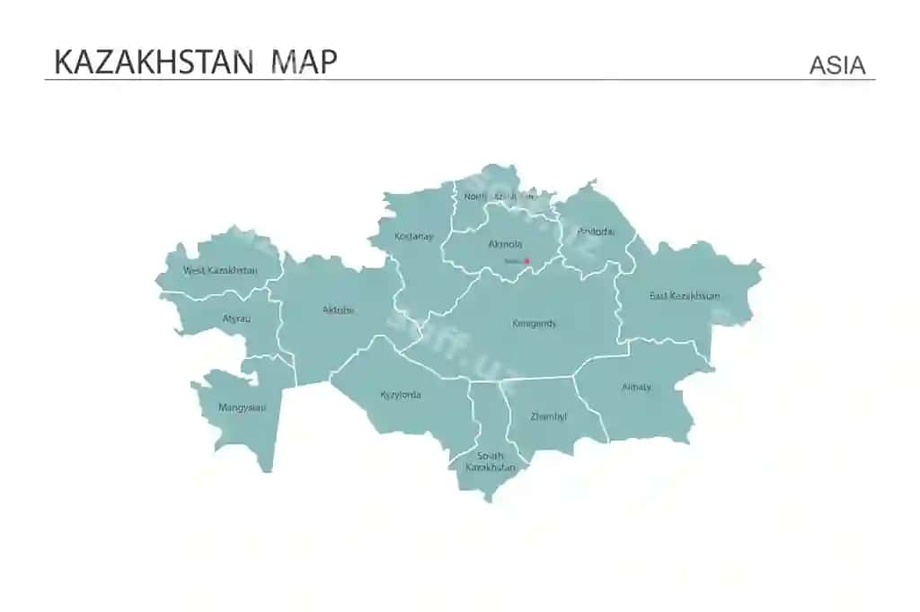 Qozogʻiston xaritasining vektor illustratsiyasi barcha viloyatlar poytaxtlarini belgilagan xarita | Kazakhstan map vector illustration map have all province mark capital