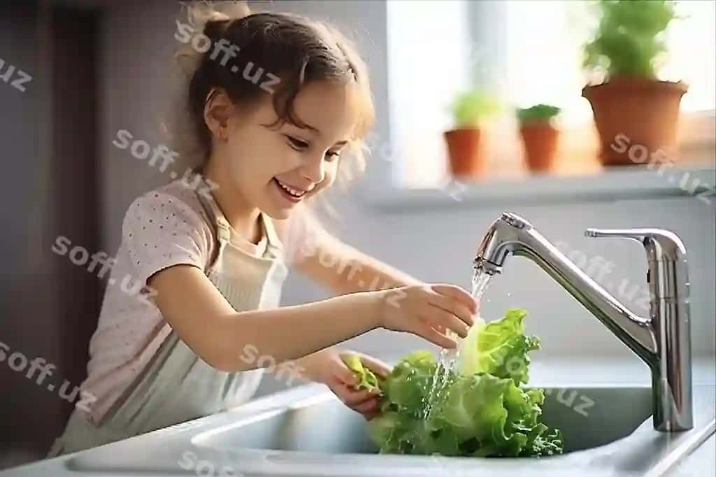 Kichik qiz sabziylarni chongda yuvadi. | Little girl washing vegetables sink 2